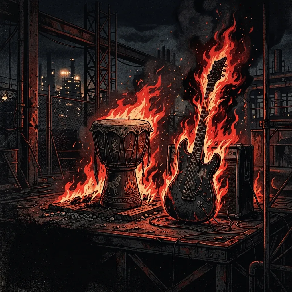 ilustración tributo de un tambor chamánico y una guitarra eléctrica distorsionada rodeados de llamas rojas y negras sobre un escenario industrial nocturno, energía de hard rock tribal masivo, sin texto ni logotipos, paleta rojo y negro con destellos naranjas