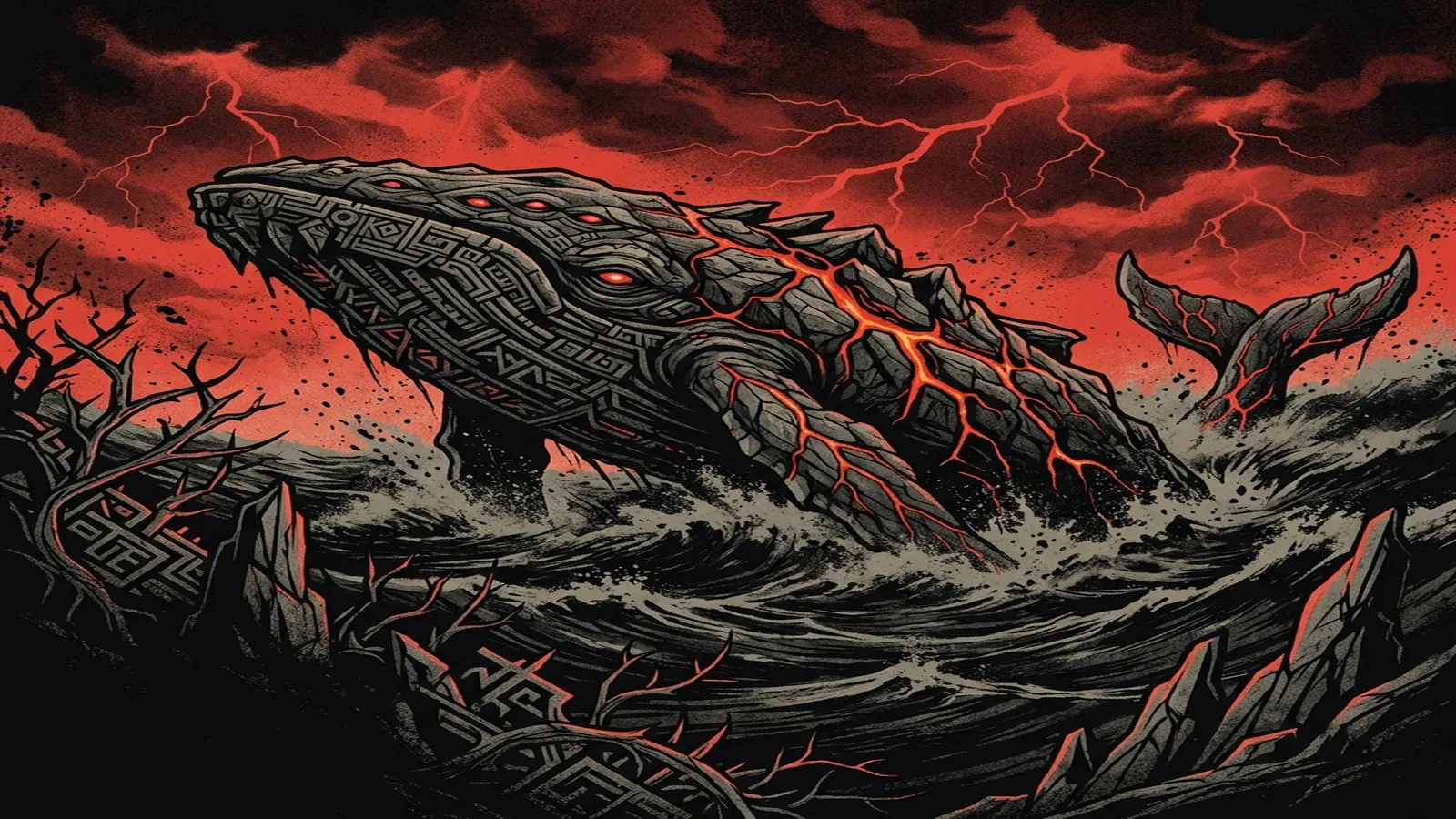 ilustración tributo de un bosque de pinos nocturnos con relámpagos de luz roja atravesando las copas, un estudio de grabación artesanal en su interior, atmósfera death metal técnico de los años 2000 en el suroeste de Francia, paleta rojo y negro, sin rostros reconocibles ni logos