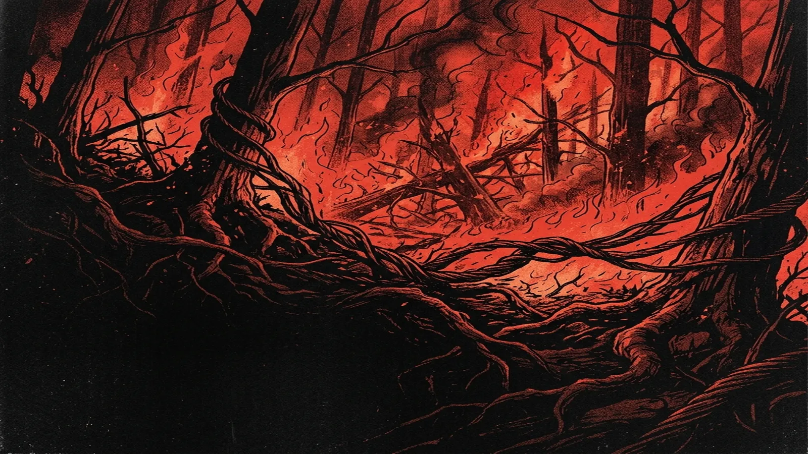ilustración tributo de enormes ballenas voladoras surcando un cielo rojo y negro sobre un planeta moribundo, energía cósmica y metal extremo, atmósfera de álbum concepto épico del death metal progresivo europeo de los 2000, paleta rojo y negro, sin rostros ni logos