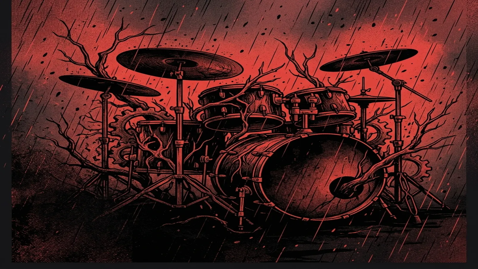 ilustración tributo de una tormenta de energía sonora en rojo y negro, guitarras eléctricas como raíces de un árbol que se tuercen hacia el cielo, batería ciclónica en el centro, atmósfera death metal progresivo francés sin rostros ni logotipos