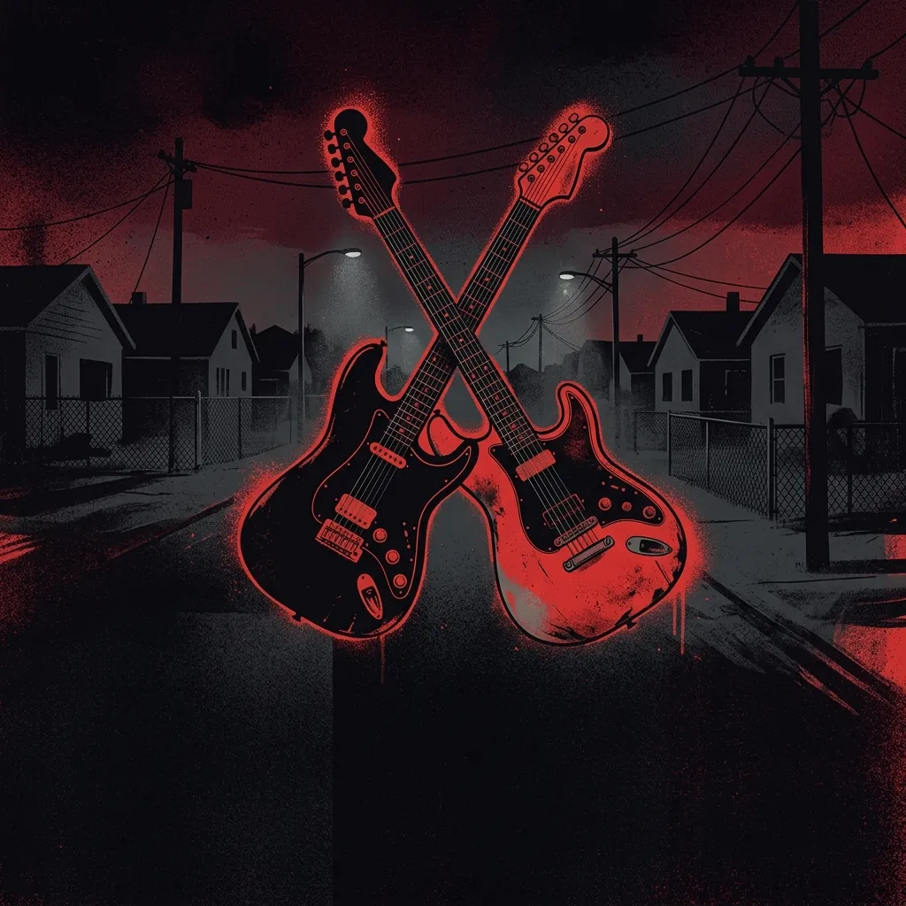 ilustración tributo de dos guitarras eléctricas cruzadas sobre un fondo de suburbio nocturno americano, atmósfera de escape y rebeldía juvenil, paleta rojo y negro, sin rostros reconocibles ni logos