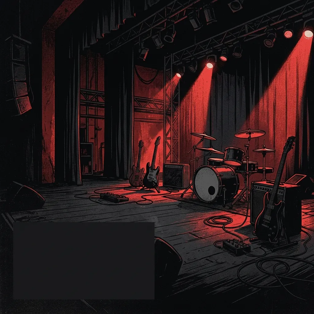 ilustración tributo de un escenario de concierto con multitud levantando los brazos bajo luces rojas y negras, energía de pop punk en vivo, atmósfera de himno colectivo, sin rostros ni logos