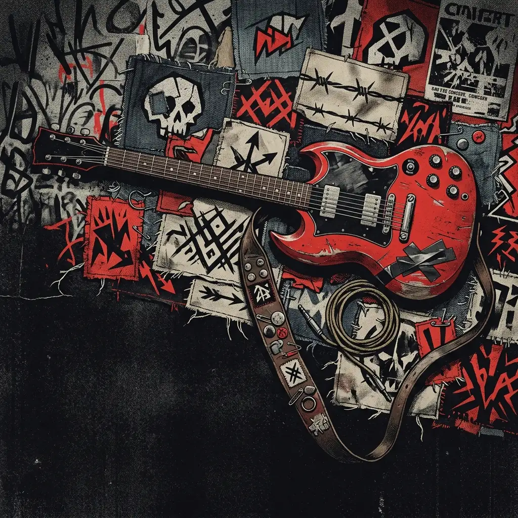 ilustración tributo de una guitarra eléctrica roja sobre fondo de parches de tela y estética punk de los años 2000, paleta rojo y negro, sin texto ni logotipos reconocibles