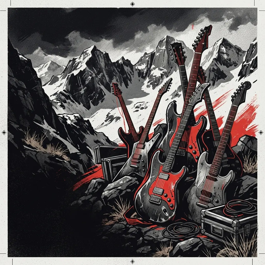 ilustración tributo de guitarras eléctricas ante un fondo de montañas alpinas cubiertas de nieve, atmósfera de poder y determinación, paleta rojo y negro, sin rostros reconocibles ni logos