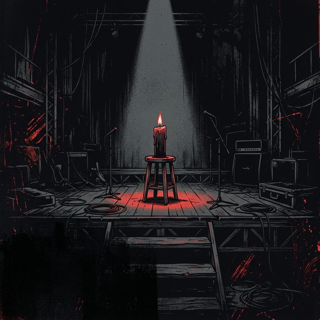 ilustración tributo de una vela encendida sobre un escenario vacío iluminado por un foco solitario, atmósfera de duelo y resiliencia, paleta rojo y negro, sin rostros ni logos