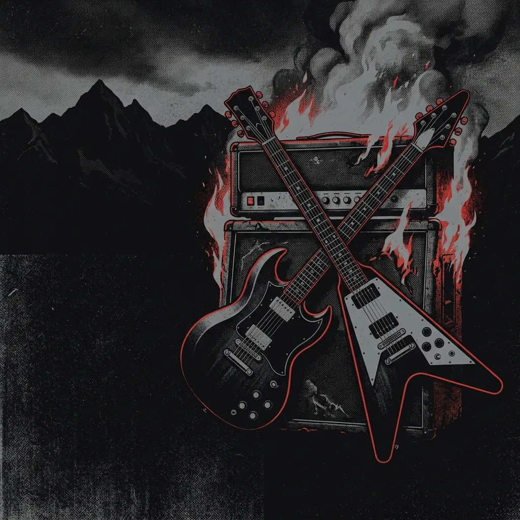 ilustración tributo de dos guitarras eléctricas cruzadas sobre un amplificador en llamas, con detalles alpinos en el fondo, estética hard rock europeo años 90, paleta rojo y negro, sin texto ni logotipos