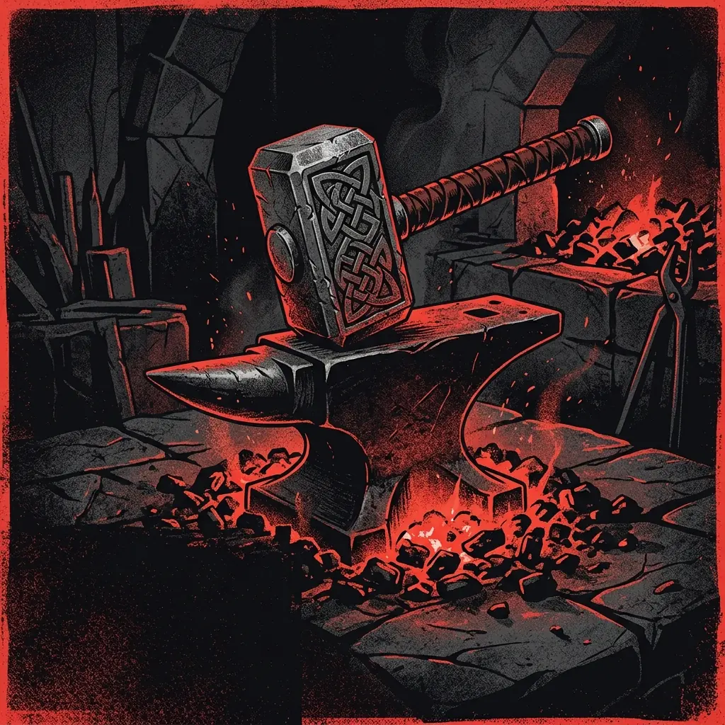 ilustración tributo de un martillo vikingo sobre un yunque iluminado por brasas, atmósfera oscura y épica, paleta rojo y negro, sin rostros ni logos reconocibles