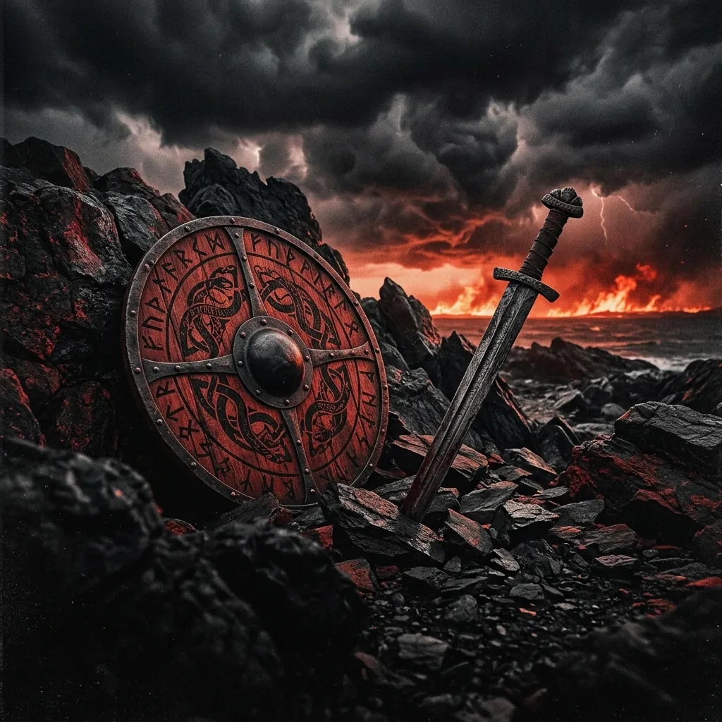 ilustración tributo de un guerrero nórdico de espaldas mirando un horizonte llameante bajo cielos de tormenta, paleta rojo y negro, estilo ilustración épica sin rostros reconocibles