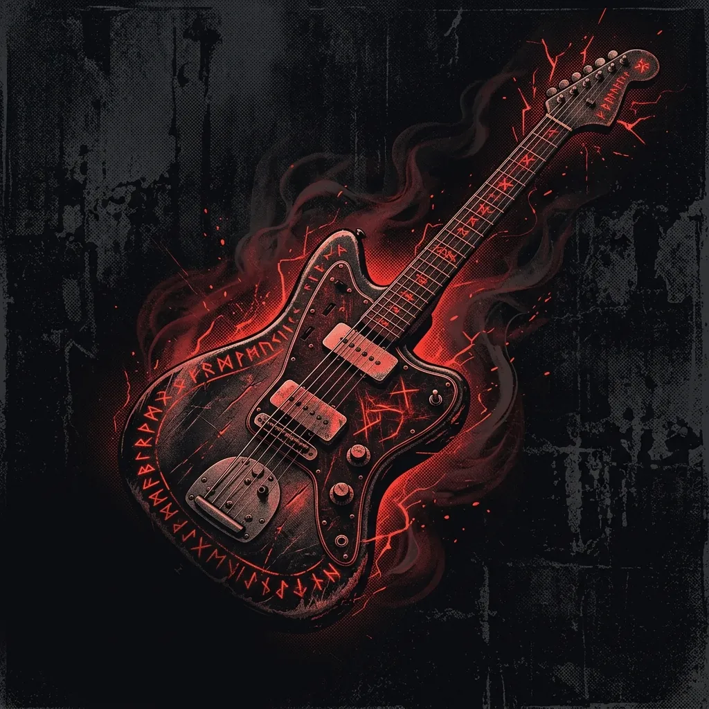 ilustración tributo de una guitarra eléctrica clásica envuelta en runas nórdicas y destellos rojos, fondo negro profundo, paleta rojo y negro, sin texto ni logotipos reconocibles