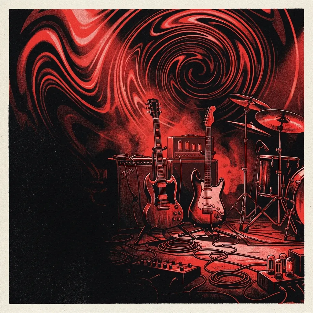 ilustración tributo de guitarras eléctricas y ondas de luz psicodélica girando sobre un escenario de los años sesenta en San Francisco, atmósfera de jam session infinita, paleta rojo y negro, sin rostros reconocibles ni logos