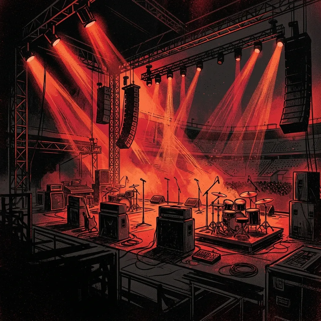 ilustración tributo de un escenario gigante iluminado por focos de colores con instrumentos y amplificadores dispuestos para un concierto masivo, atmósfera épica y comunitaria, paleta rojo y negro, sin rostros ni logos
