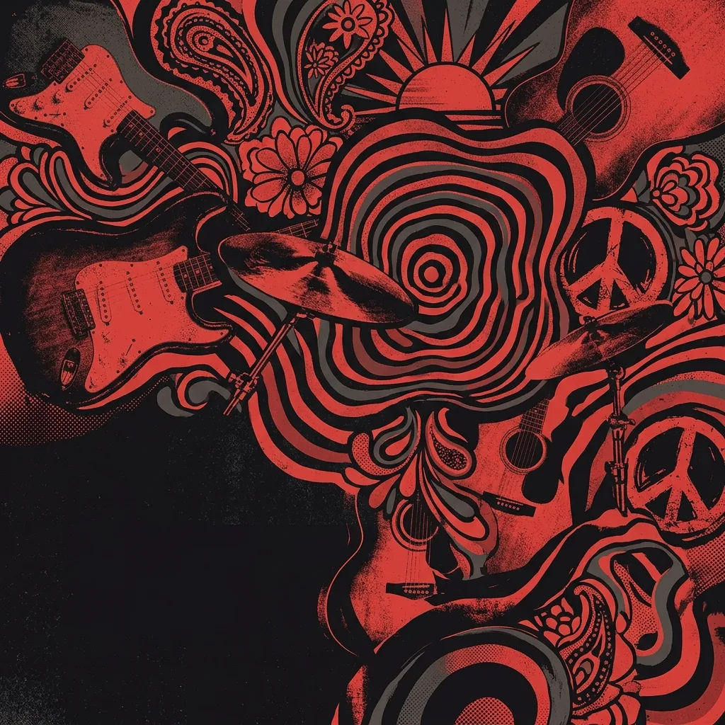 ilustración tributo de un collage de guitarras, platillos de batería y ondas sonoras psicodélicas entrelazadas, motivos de la contracultura californiana de los 60, paleta rojo y negro, sin texto ni logotipos