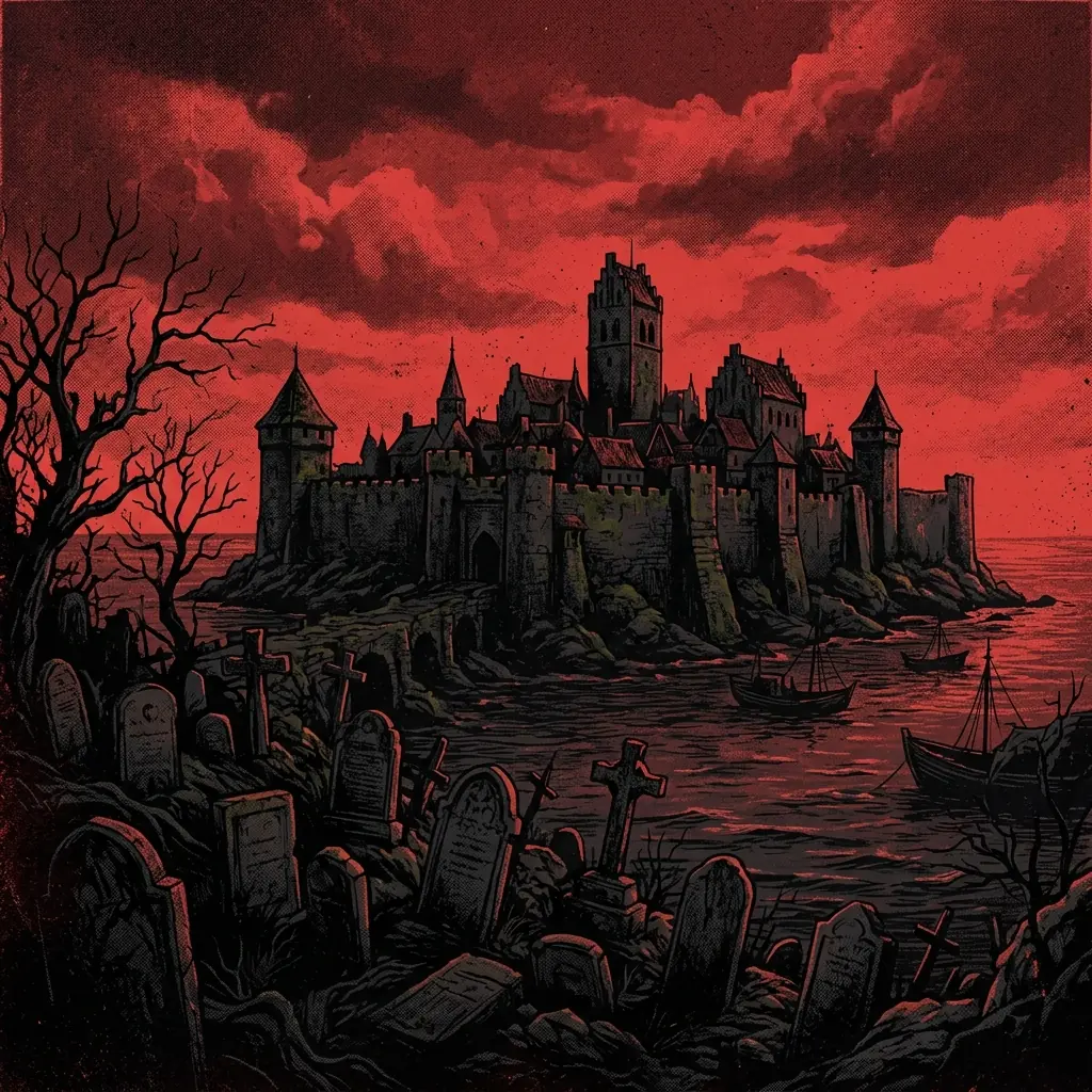 ilustración tributo de una ciudad medieval amurallada en una isla del Báltico bajo un cielo rojo sangre, paredes de piedra caliza cubiertas de musgo, lápidas antiguas en primer plano, atmósfera death metal sueco de finales de los 80, paleta rojo y negro, sin rostros reconocibles ni logos