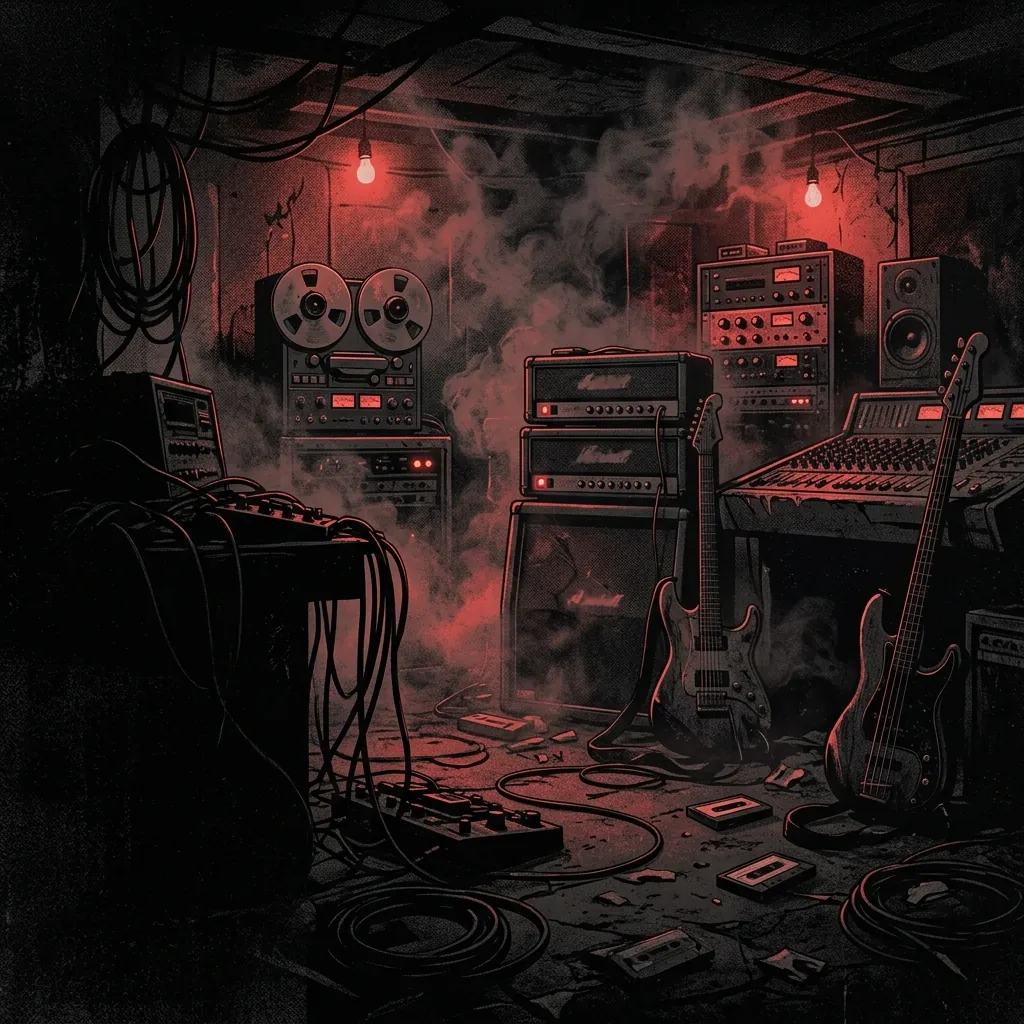 ilustración tributo de un estudio de grabación subterráneo con amplificadores encendidos y cables enmarañados, humo y luz roja filtrándose entre equipos de sonido analógico, atmósfera death metal escandinavo de los años 90, paleta rojo y negro, sin rostros ni logos