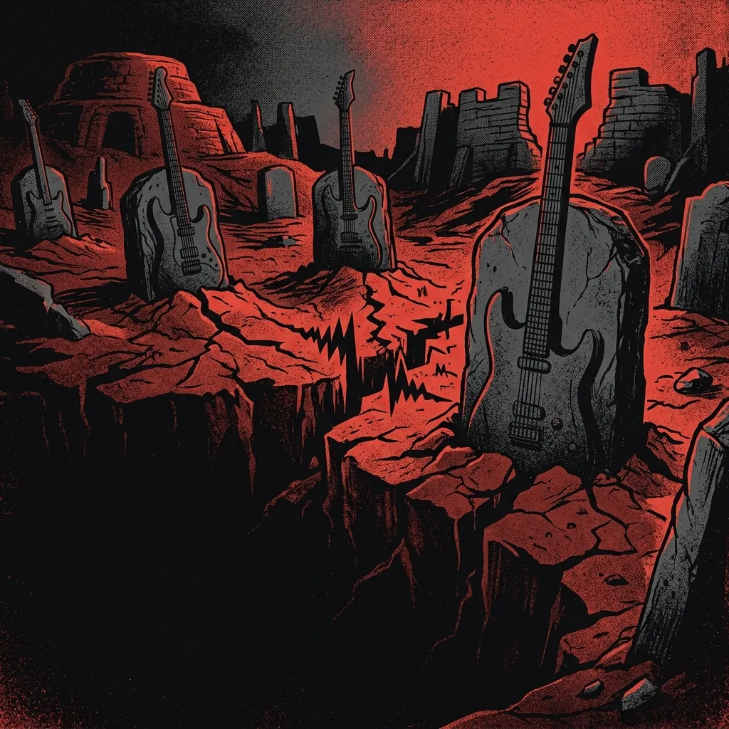 ilustración tributo de guitarras eléctricas pesadas como lápidas de granito emergiendo de una tierra roja y oscura, riffs visualizados como ondas sísmicas aplastando el suelo, estética death metal sueco de los años 90, paleta rojo y negro, sin texto ni logotipos