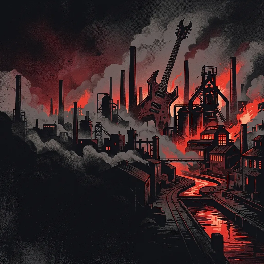 ilustración tributo de una ciudad industrial alemana de los 80 envuelta en humo, con una guitarra eléctrica emergiendo entre chimeneas y llamas rojas, atmósfera de acero y fuego, paleta rojo y negro, sin rostros reconocibles ni logos