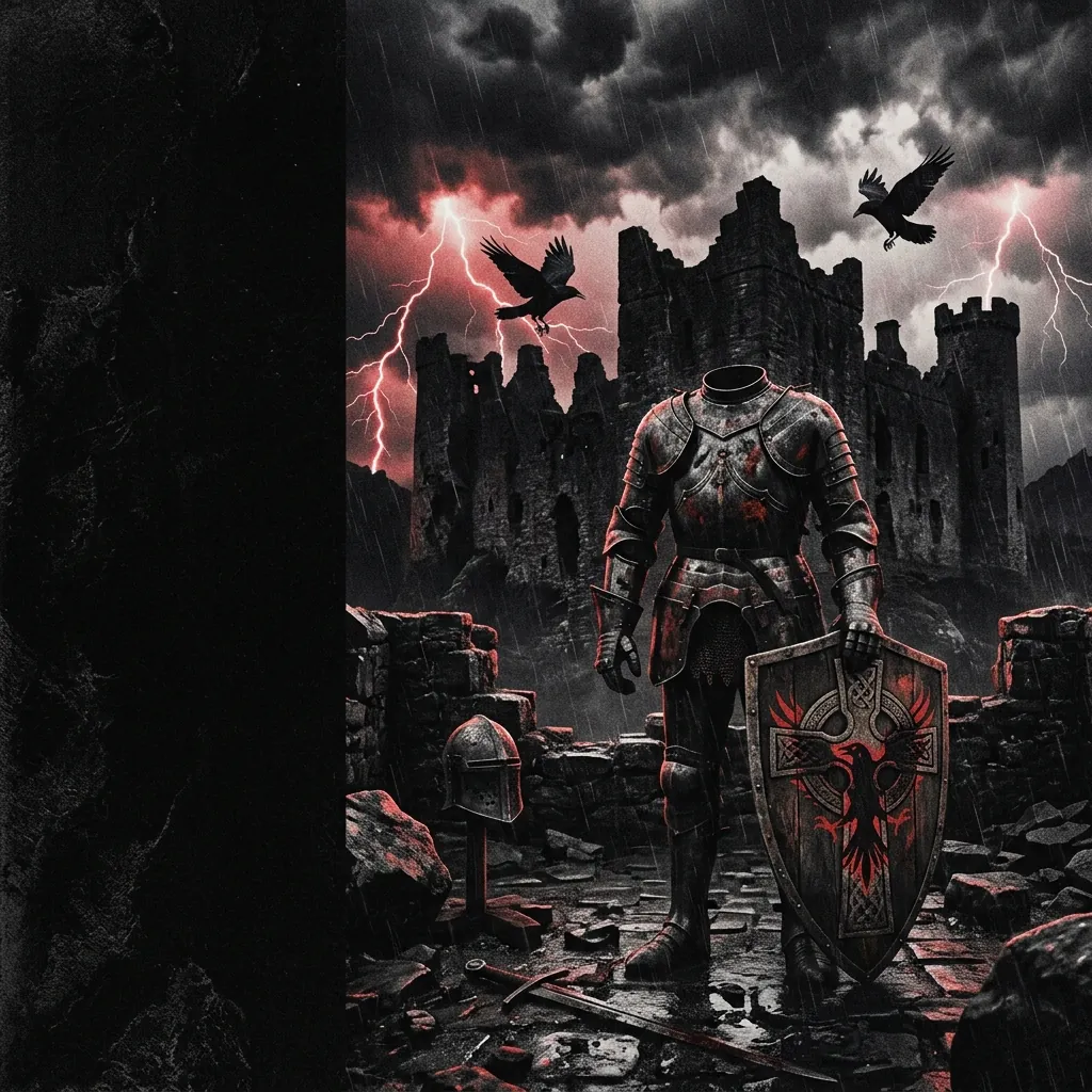 ilustración tributo de un caballero medieval en armadura bajo una tormenta eléctrica, escudo con cruz celta y cuervos sobrevolando ruinas de un castillo, atmósfera épica y oscura, paleta rojo y negro, sin rostros ni logos