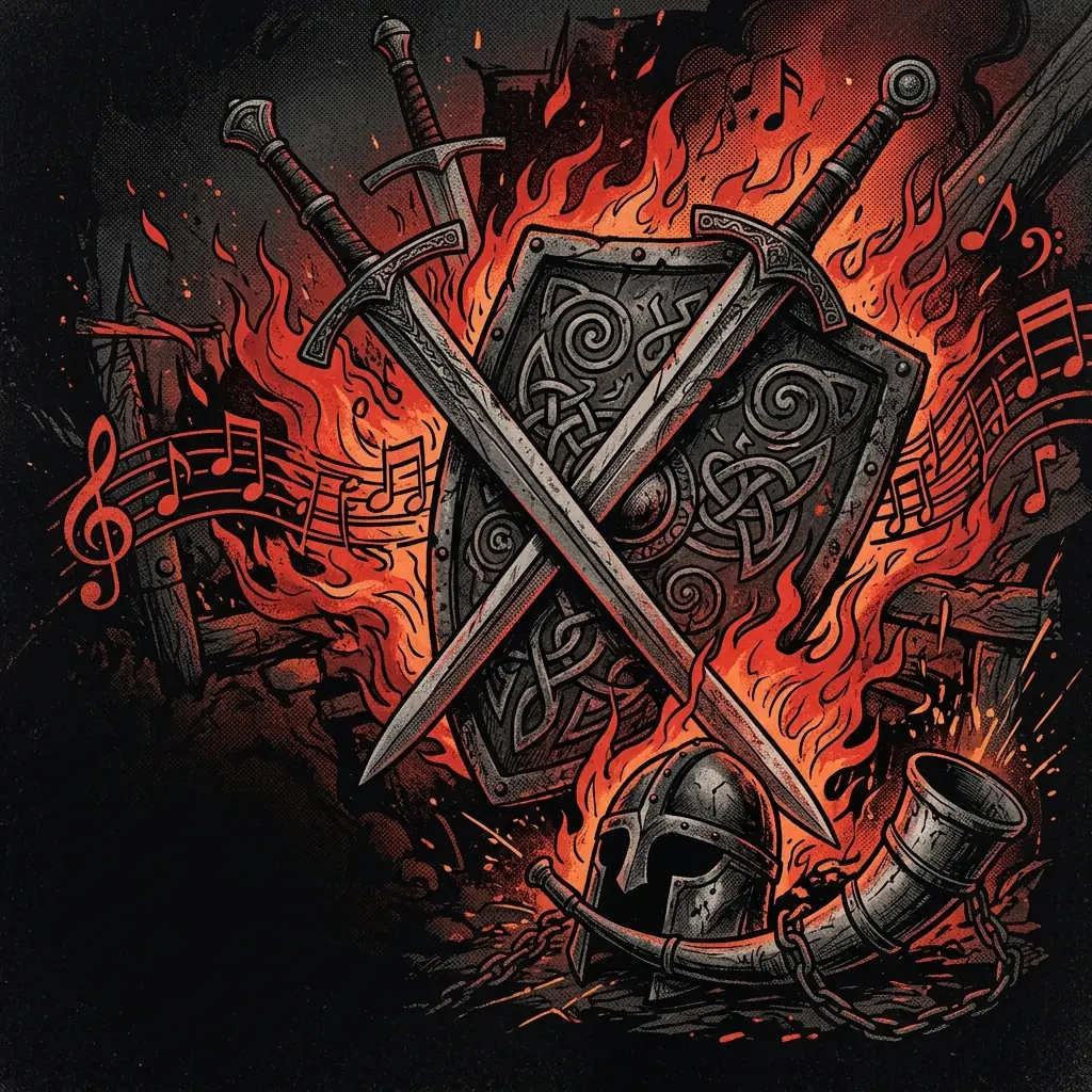ilustración tributo de un collage de espadas cruzadas, escudos con motivos celtas, notas musicales y llamas sobre fondo negro, estética de power metal medieval alemán, paleta rojo y negro, sin texto ni logotipos