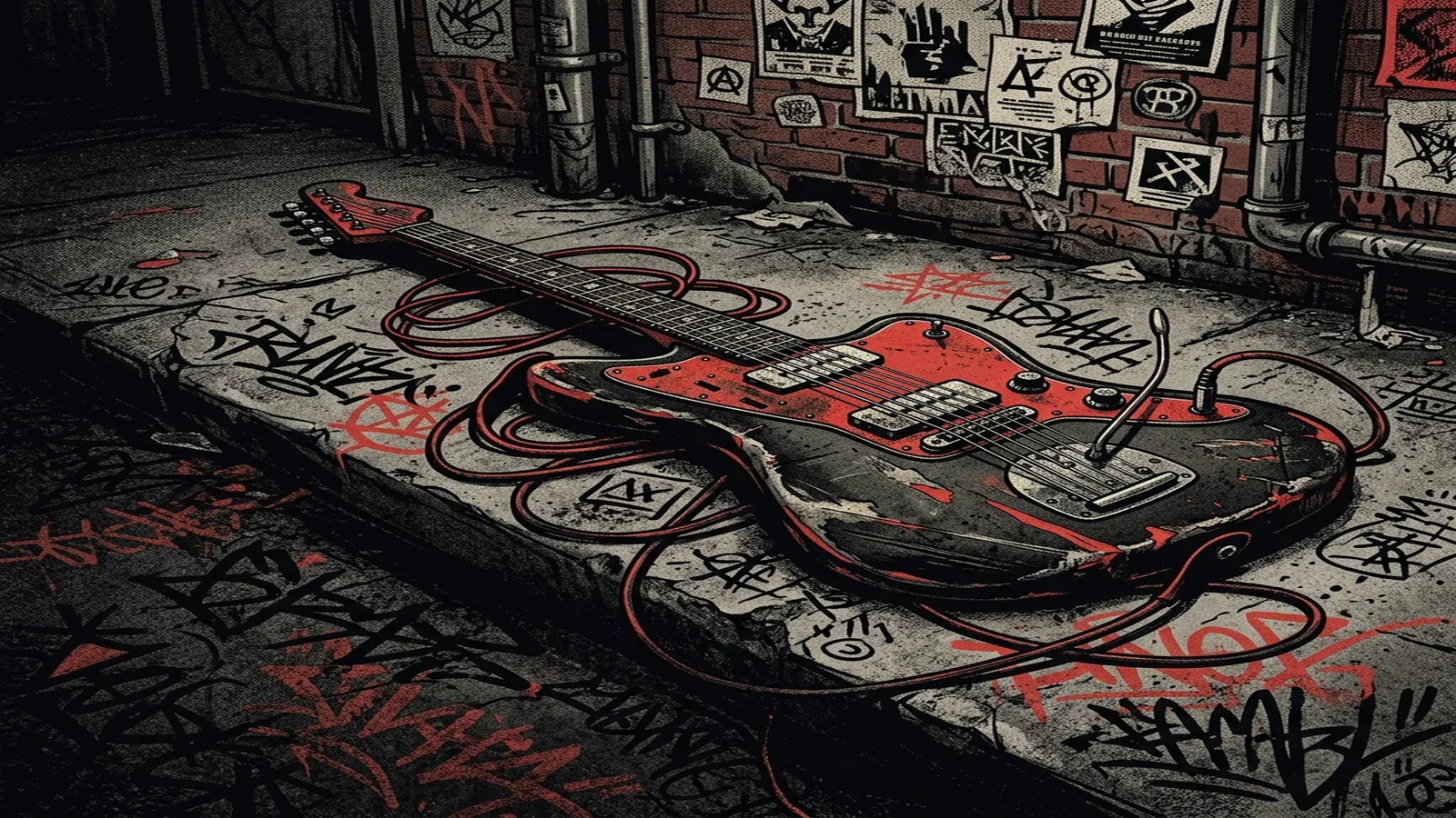 ilustración tributo de una guitarra eléctrica distorsionada sobre un concreto urbano lleno de grafiti, atmósfera callejera punk del East Bay californiano de los 90, paleta rojo y negro, sin rostros reconocibles ni logos