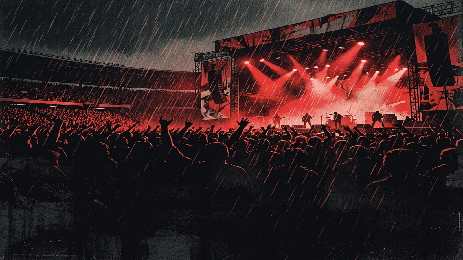 ilustración tributo de un escenario de estadio bajo lluvia con luces rojas estallando sobre una multitud de siluetas, atmósfera épica y política del punk rock de estadio de los 2000, paleta rojo y negro, sin rostros ni logos
