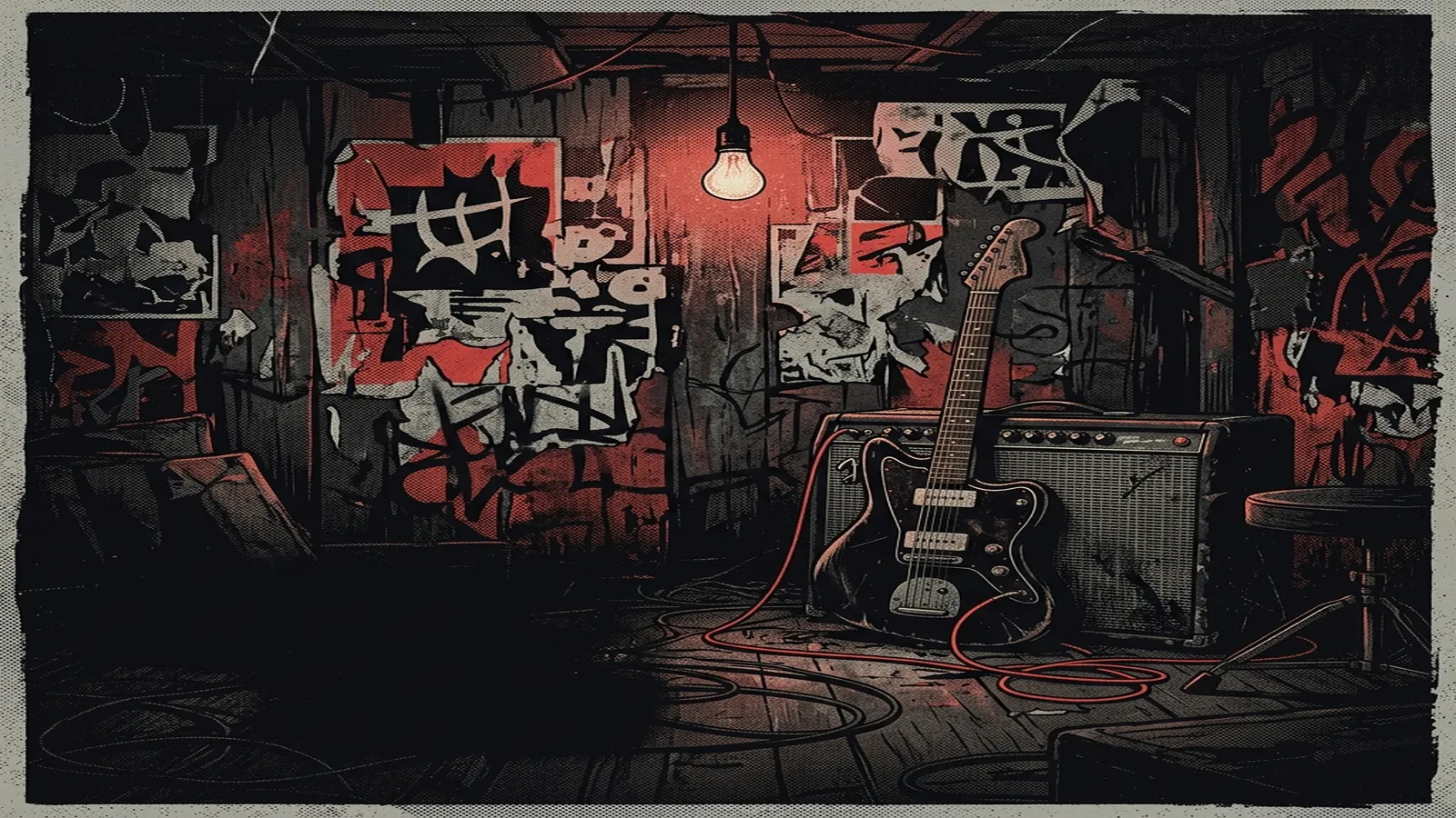 ilustración tributo de una guitarra eléctrica con amplificador vintage en una habitación de ensayo punk iluminada por una sola bombilla, cables enrollados, paredes con carteles rasgados, estética East Bay californiano, paleta rojo y negro, sin texto ni logotipos