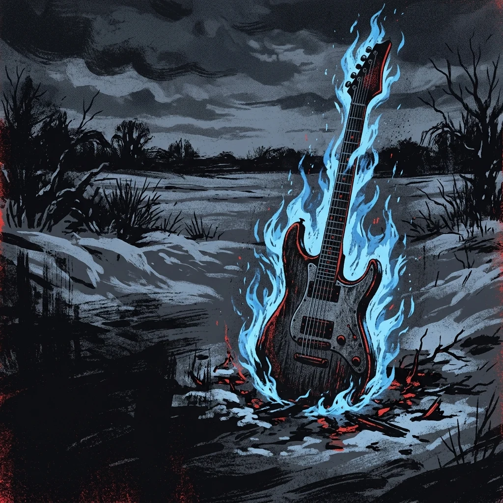 ilustración tributo de una guitarra eléctrica envuelta en llamas azules sobre un fondo de campo nevado de Michigan, atmósfera épica y cruda, paleta rojo y negro, sin rostros reconocibles ni logos