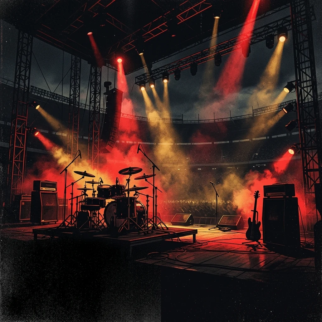 ilustración tributo de un escenario de estadio iluminado por haces de luz roja y dorada con siluetas de instrumentos al fondo, atmósfera de grandiosidad rockera, paleta rojo y negro, sin rostros ni logos