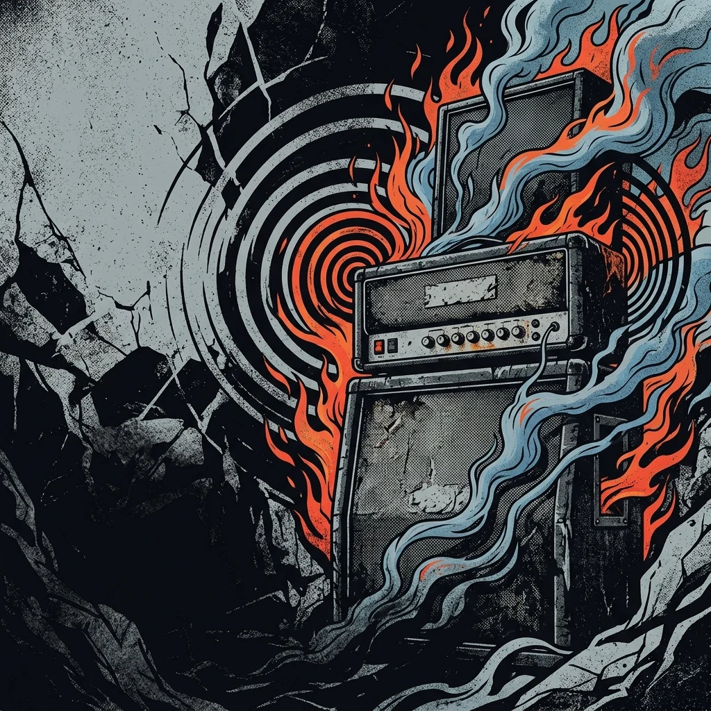 ilustración tributo de un amplificador desbordante con ondas sonoras en espiral y motivos de llamas y humo azul, estética hard rock de los 70, paleta rojo y negro, sin texto ni logotipos