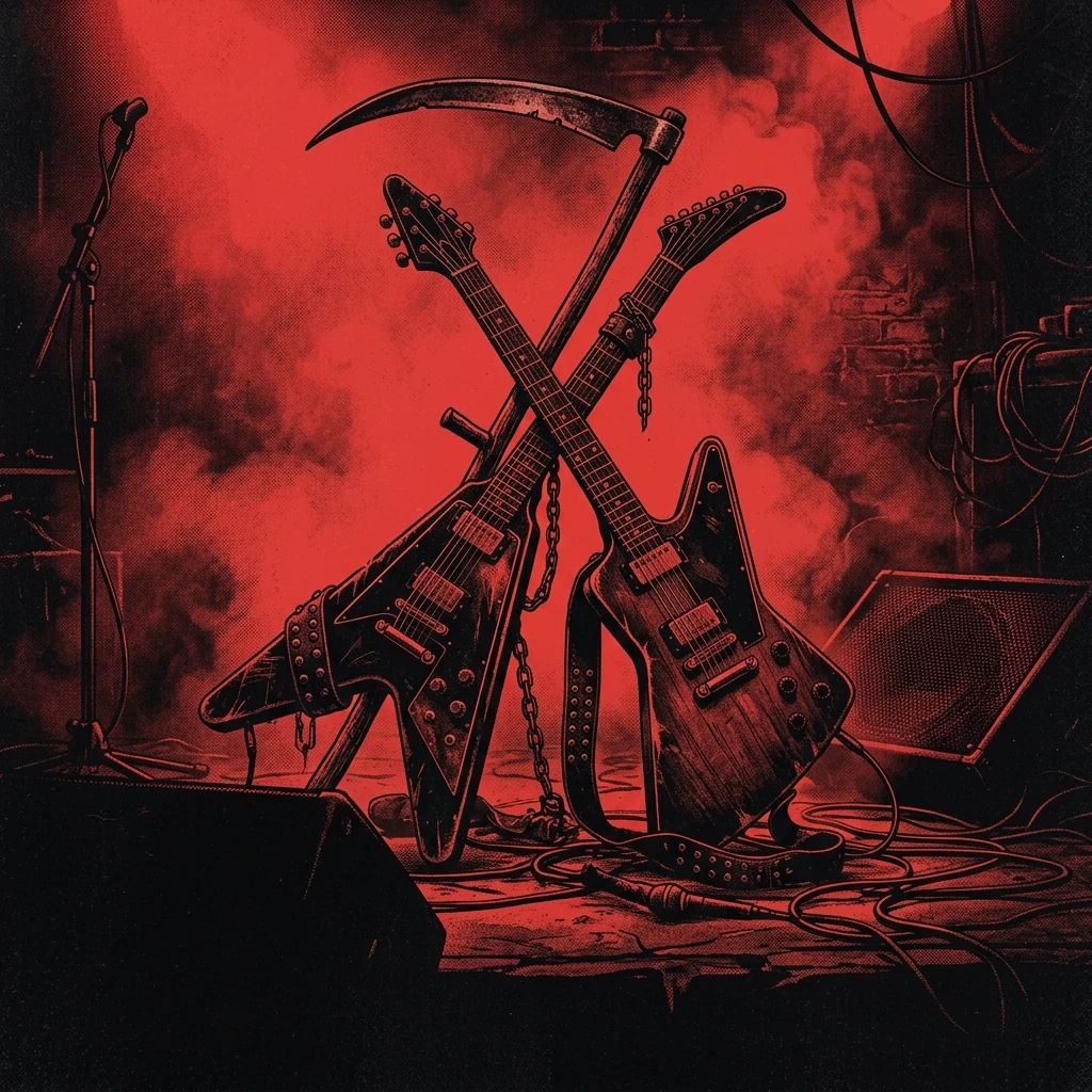 ilustración tributo de una guadaña cruzada con guitarras eléctricas bajo luz roja de escenario, niebla espesa en un club de rock inglés de los 80, cuero negro y remaches metálicos, atmósfera NWOBHM Worcestershire, paleta rojo y negro intenso, sin rostros reconocibles ni logos