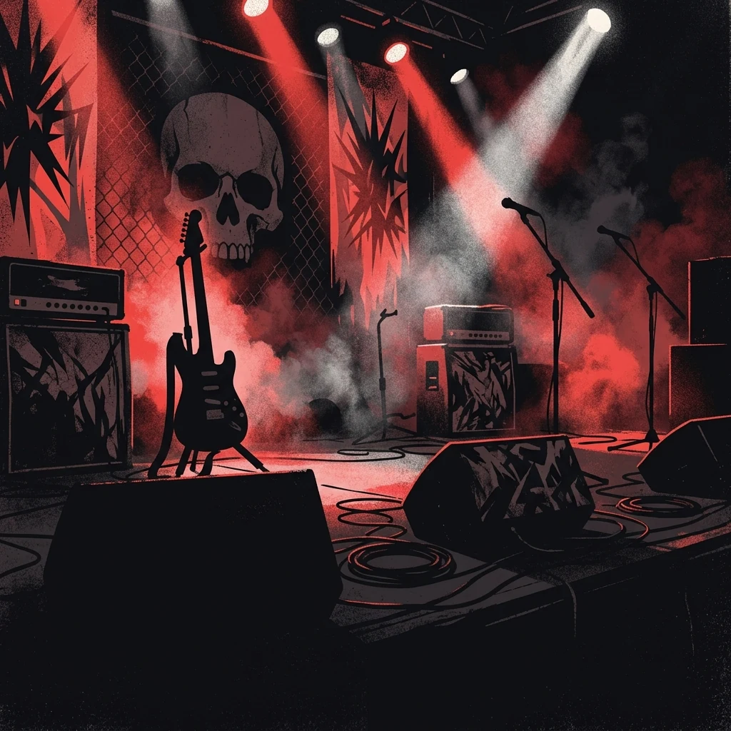 ilustración tributo de un escenario de metal clásico años 80 con haces de luz roja y blanca cortando la niebla, guitarra eléctrica en silueta y símbolo de calavera al fondo en tonos oscuros, estética NWOBHM Gran Bretaña, paleta rojo y negro, sin rostros ni logos