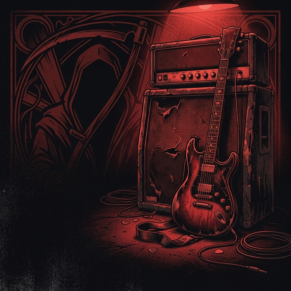 ilustración tributo de una guitarra eléctrica apoyada sobre un amplificador vintage bajo luz roja, con una guadaña estilizada en el fondo como motivo decorativo, estética heavy metal clásico NWOBHM años 80, paleta rojo y negro profundo, sin texto ni logotipos