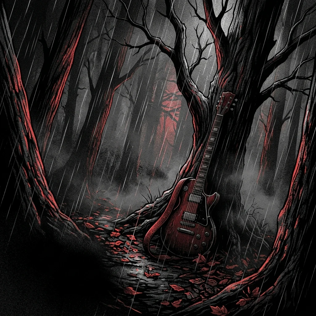 ilustración tributo de un bosque bávaro nocturno bajo lluvia intensa, árboles retorcidos sin hojas, una figura solitaria de pie entre la niebla con una guitarra al hombro, sin rostros reconocibles ni logos, paleta rojo y negro