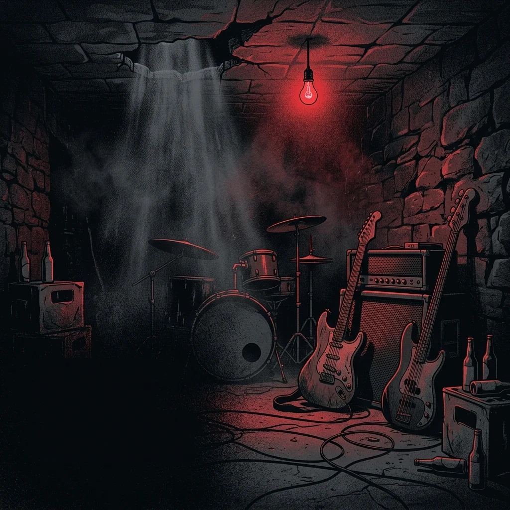 ilustración tributo de una sala de ensayo subterránea iluminada por una sola lámpara roja, instrumentos apoyados contra paredes de piedra, niebla entrando por una grieta en el techo, sin rostros ni logos, paleta rojo y negro