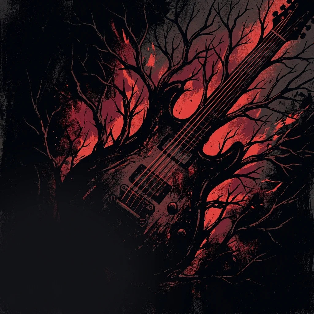 ilustración tributo de una guitarra eléctrica con cuerdas que se convierten en ramas de árbol desnudo, todo sobre fondo negro con destellos de rojo carmesí, sin texto ni logotipos, abstracción black metal atmosférico, paleta rojo y negro
