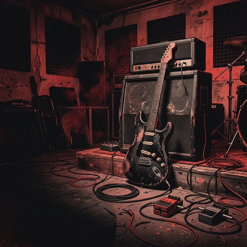 ilustración tributo de una guitarra eléctrica apoyada contra un amplificador en un sótano de ensayo alemán, atmósfera oscura y eléctrica, paleta rojo y negro, sin rostros reconocibles ni logos