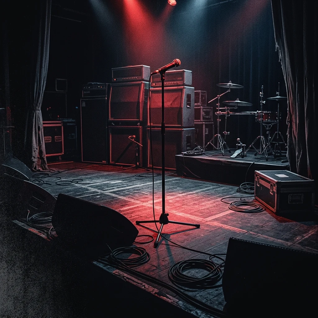 ilustración tributo de un escenario de concierto europeo iluminado con luces rojas, equipo de amplificadores al fondo y una silueta en el micrófono, atmósfera de nu metal de los 2000, paleta rojo y negro, sin rostros ni logos