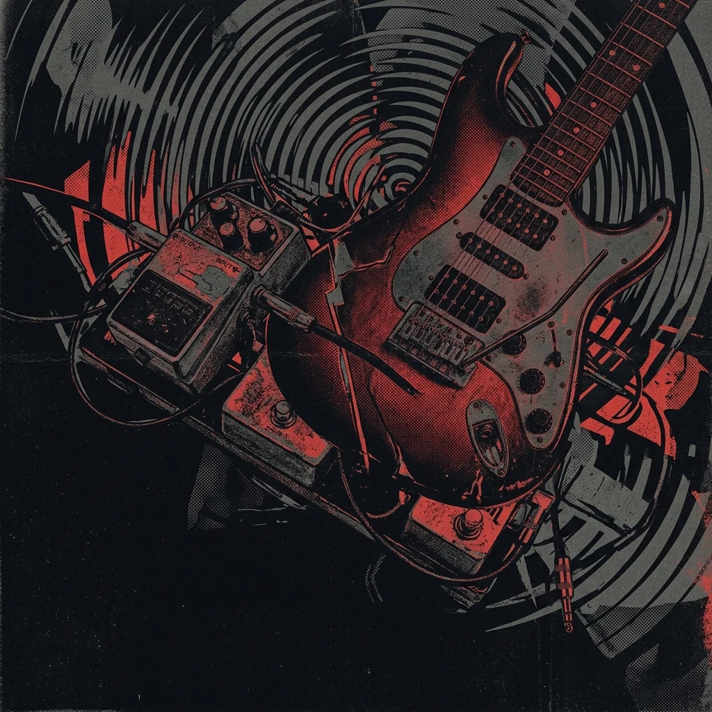 ilustración tributo de un collage de guitarra distorsionada, pedales de efectos y ondas sonoras en espiral, estética nu metal europeo de los 90, paleta rojo y negro, sin texto ni logotipos