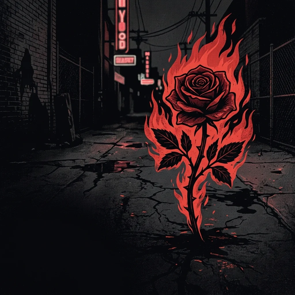 ilustración tributo de una rosa con espinas envuelta en llamas sobre el asfalto nocturno de un callejón de Hollywood, atmósfera peligrosa y cruda, paleta rojo y negro intenso, sin rostros reconocibles ni logos
