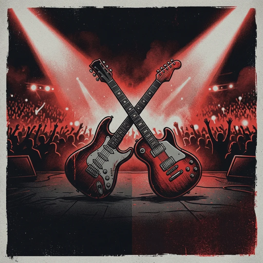 ilustración tributo de dos guitarras eléctricas cruzadas sobre un escenario gigante bajo los reflectores, multitud borrosa al fondo, atmósfera épica y grandiosa, paleta rojo y negro, sin rostros ni logos