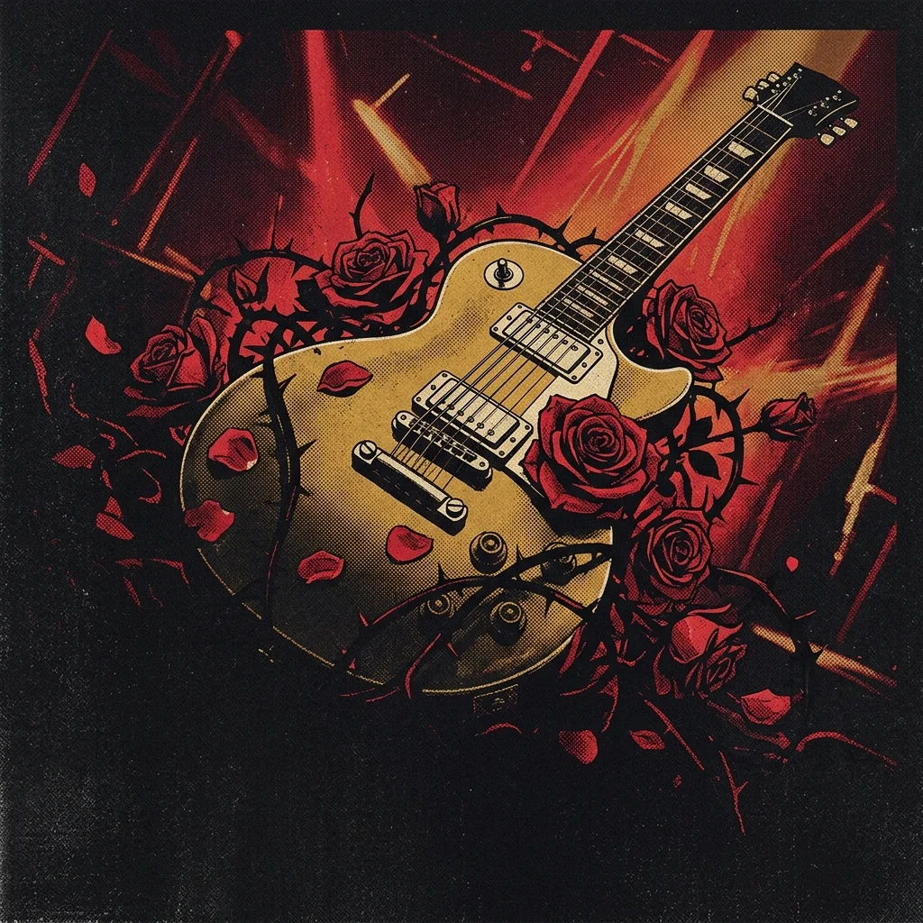 ilustración tributo de una guitarra Les Paul dorada rodeada de rosas rojas y espinas negras, fondo oscuro con destellos de luz de escenario, estética hard rock de los 80, paleta rojo y negro, sin texto ni logotipos