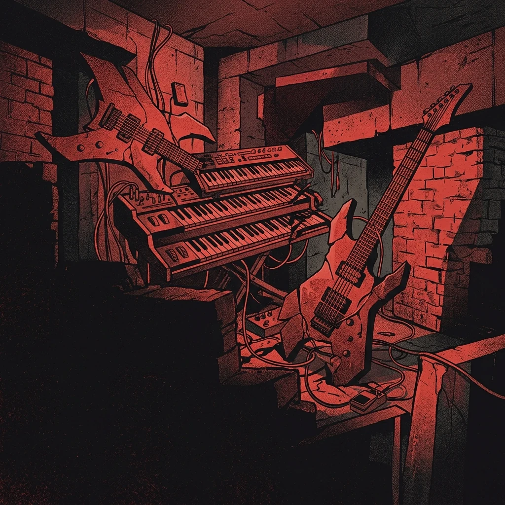 ilustración tributo de guitarras y teclados entrelazados en un ambiente subterráneo y laberíntico, luz tenue que proyecta sombras geométricas sobre paredes de ladrillo, atmósfera de metal progresivo técnico en Londres, paleta rojo y negro, sin rostros reconocibles ni logos