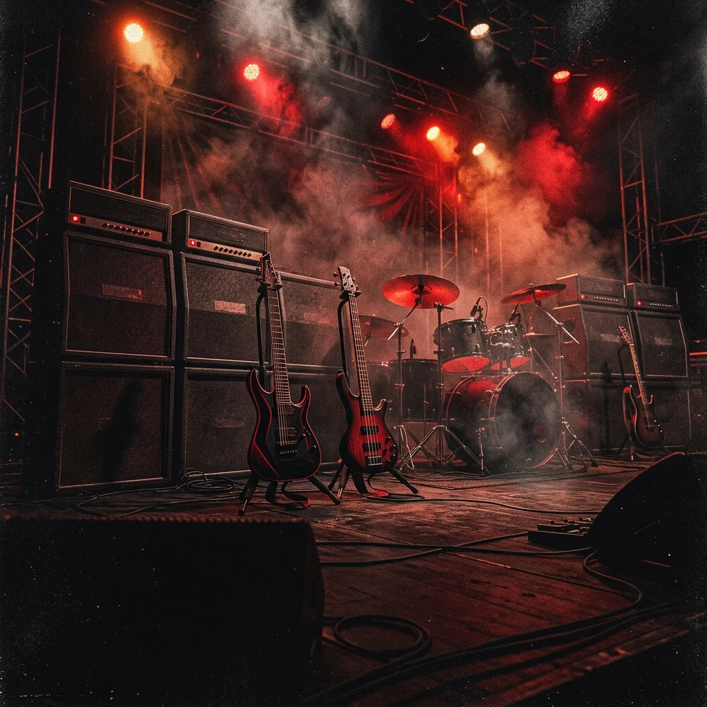 ilustración tributo de un escenario de concierto envuelto en humo y luces de colores con siluetas abstractas de guitarristas ante una multitud que agita los brazos, atmósfera de metal progresivo épico en vivo, paleta rojo y negro, sin rostros ni logos
