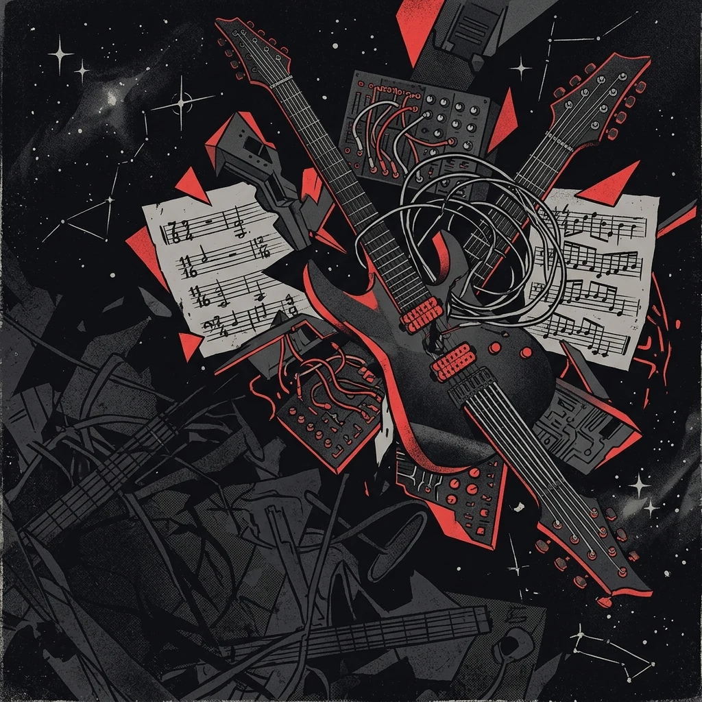 ilustración tributo de un collage de guitarras de siete cuerdas, teclados modulares y partituras con compases irregulares flotando en un espacio cósmico oscuro, estética de metal progresivo técnico contemporáneo, paleta rojo y negro, sin texto ni logotipos