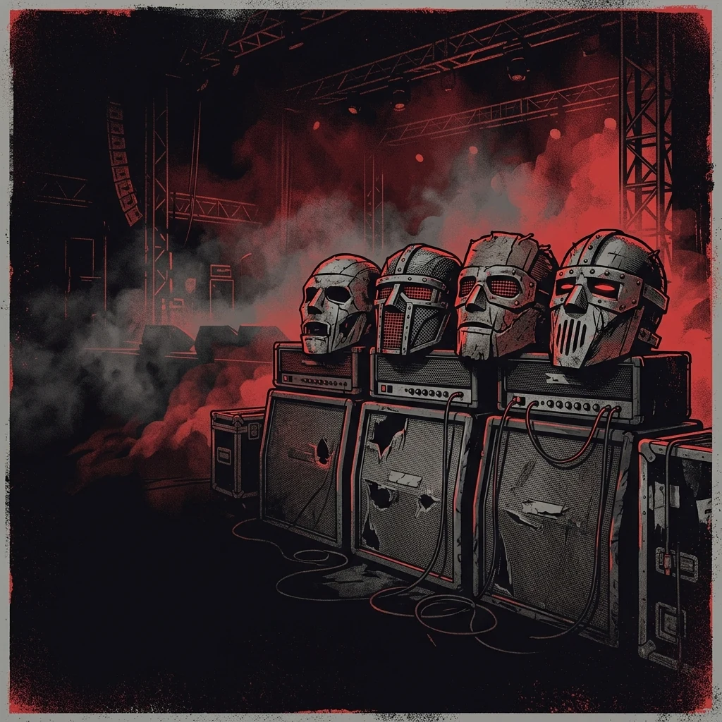 ilustración tributo de cuatro figuras enmascaradas sobre un escenario industrial alemán, atmósfera teatral y oscura con niebla y luces rojas, paleta rojo y negro, sin rostros reconocibles ni logos