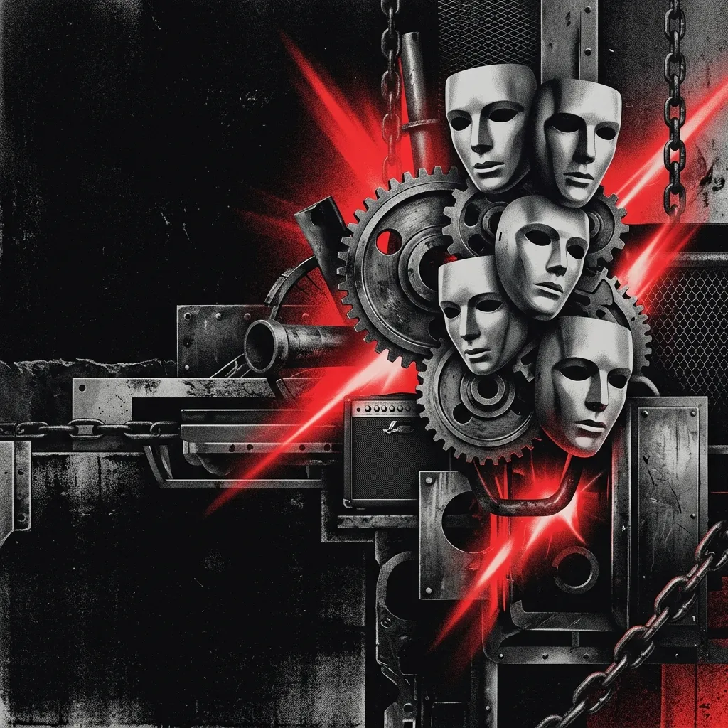 ilustración tributo de un collage de máscaras industriales, engranajes metálicos y destellos de luz roja sobre fondo negro, estética Neue Deutsche Härte sin rostros ni logotipos, paleta rojo y negro