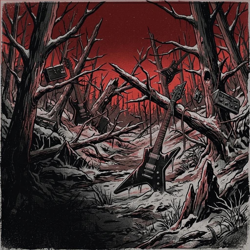 ilustración tributo de un bosque de árboles muertos en invierno bajo un cielo rojo oscuro sin estrellas, guitarras eléctricas entre las ramas, atmósfera post-black metal austriaco 2011-2016, sin rostros reconocibles ni logos, paleta rojo y negro con detalles blancos de nieve