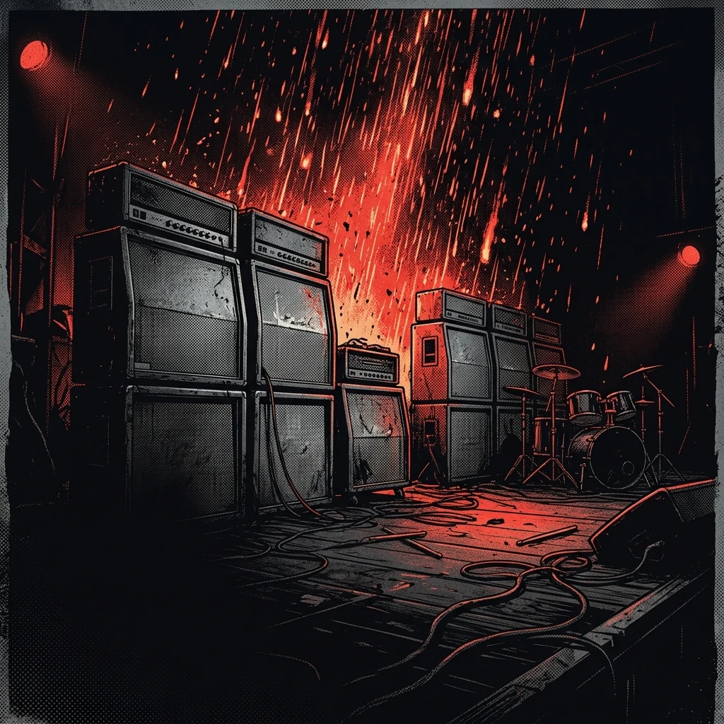 ilustración tributo de un escenario vacío con amplificadores apilados bajo una lluvia de ascuas rojas sobre fondo negro, atmósfera post-black metal europeo contemporáneo 2018-2025, sin rostros ni logos, paleta rojo y negro intensa con destellos anaranjados
