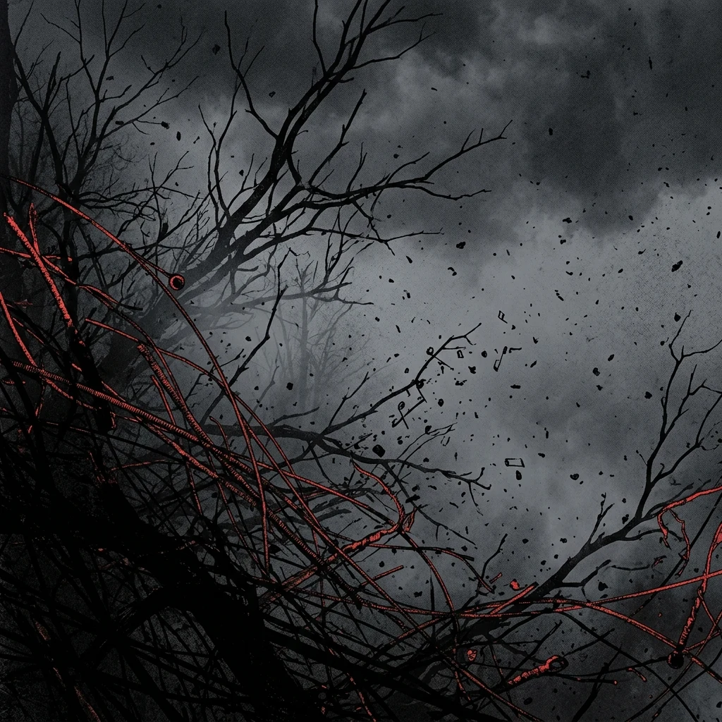 ilustración tributo de un collage de cuerdas de guitarra rotas, notas musicales flotando en niebla densa y ramas de árbol sin hojas bajo lluvia de ceniza, atmósfera post-black metal atmosférico Austria, sin texto ni logotipos, paleta rojo y negro con texturas grises
