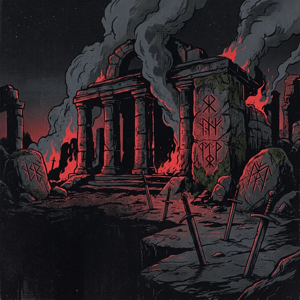ilustración tributo de un templo oscuro en ruinas con columnas de humo negro y llamas rojas bajo un cielo sin luna, espadas medievales clavadas en la tierra y runas eslavas grabadas en piedra, atmósfera blackened death metal Polonia años noventa, sin rostros reconocibles ni logos, paleta rojo y negro