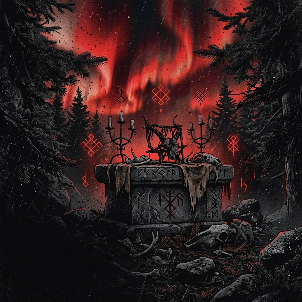 ilustración tributo de una figura sin rostro ante un altar de piedra pagano bajo aurora boreal roja y negra, símbolos eslavos arcaicos flotando en el aire y cenizas cayendo como lluvia en un bosque de pinos oscuros, atmósfera blackened death metal polaco mitología eslava 2017-2025, sin rostros ni logos, paleta rojo y negro intensa